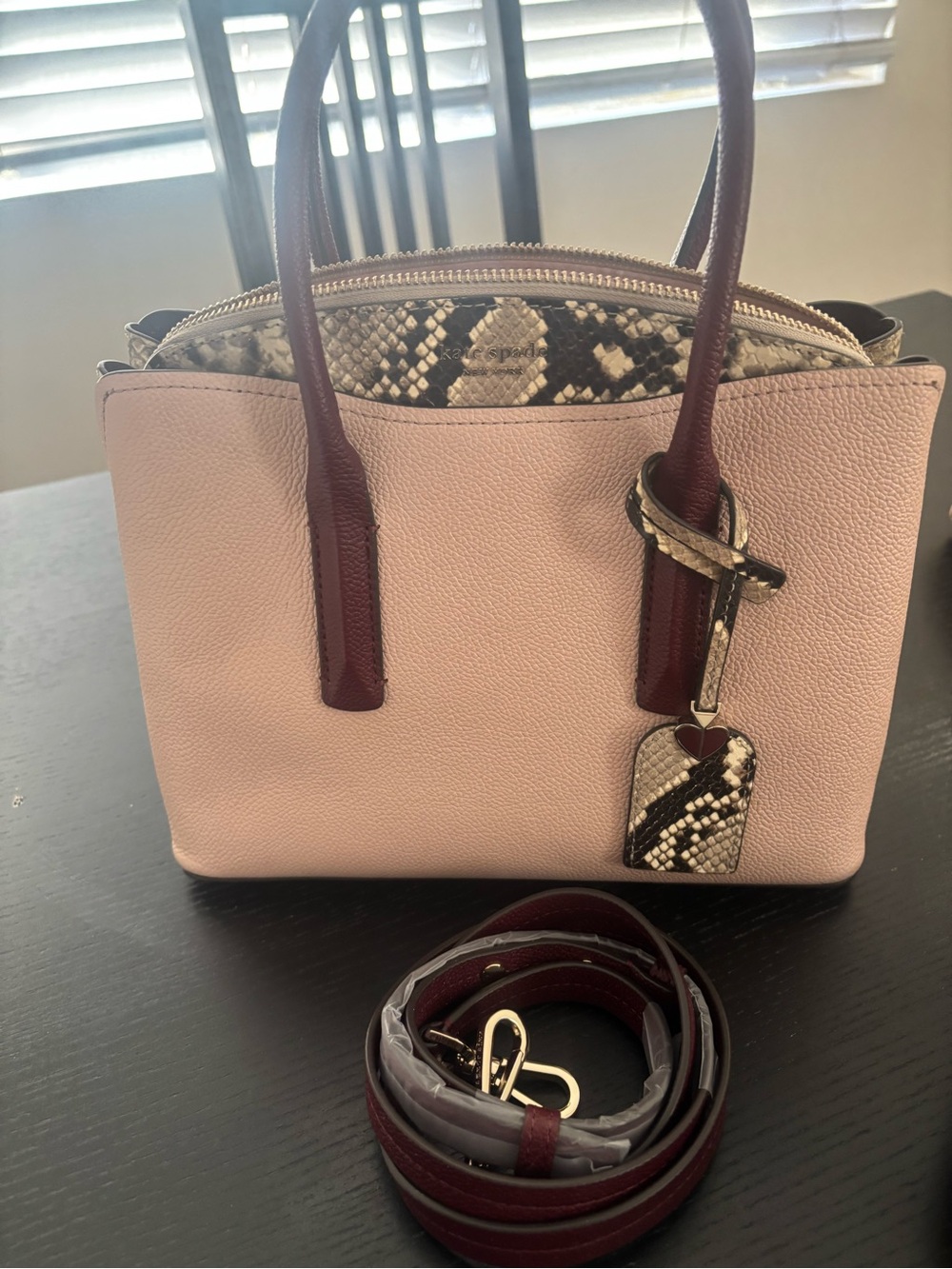 kate spade Eva  Pink and Burgundy Satchel with Snake-Print Accent